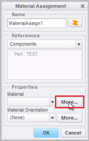 Material Assignment dialog in Creo Simulate