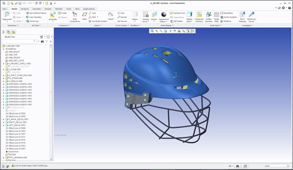 Helmet in the process of being designed in Creo