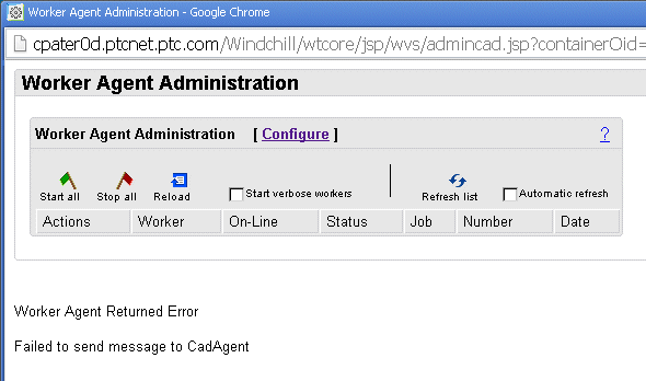Sample error message in the Worker Agent Administrator